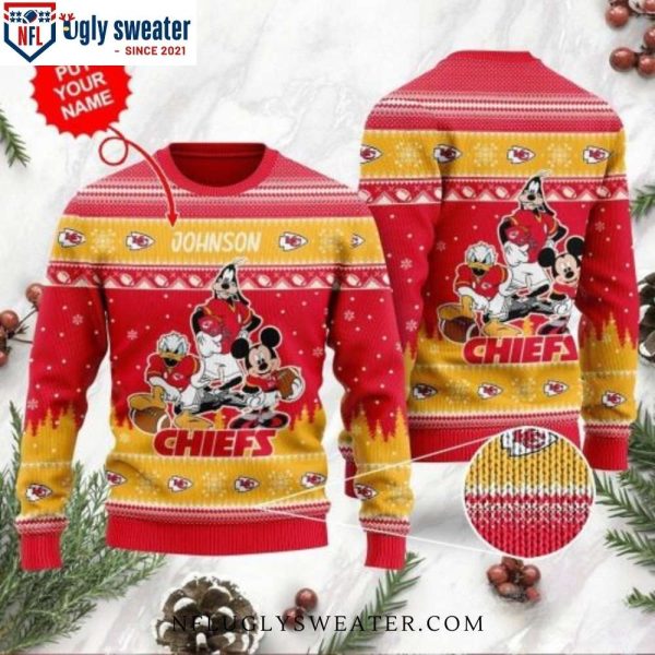 Trendy Ugly Christmas Sweater With Kansas City Chiefs Logo And Disney Characters