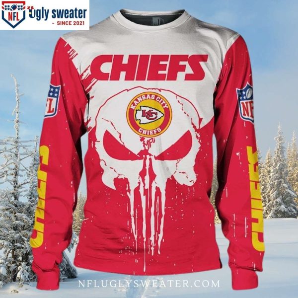 Kansas City Chiefs Logo Print Ugly Christmas Sweater With Edgy Skull Pattern