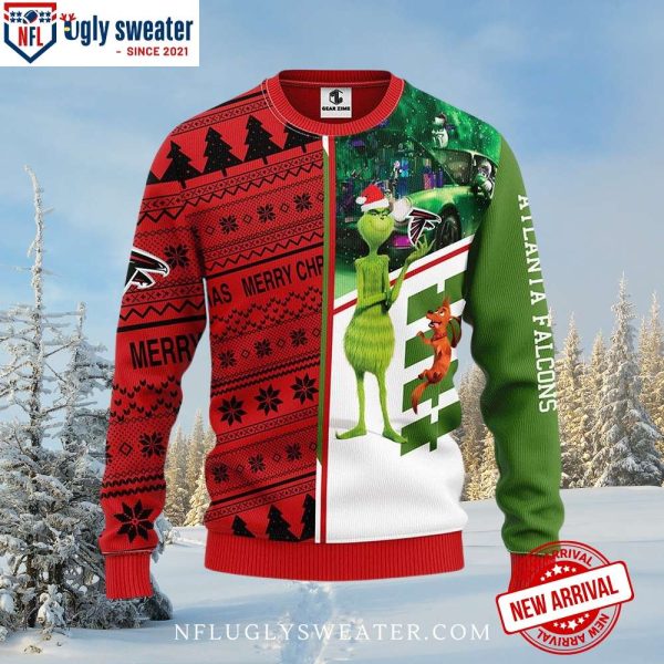 Atlanta Falcons Merry Christmas Sweater Featuring Grinch And Scooby-Doo Half-Design