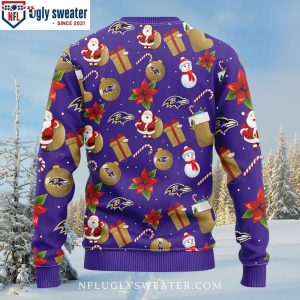 Baltimore Ravens Christmas Sweater With Santa Claus And Snowman Pattern 2