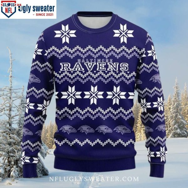 Baltimore Ravens Christmas Sweater With Snowy Christmas Motifs