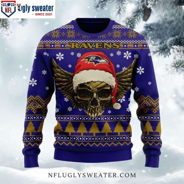 Baltimore Ravens Golden Skull With Santa Hat Ugly Christmas Sweater