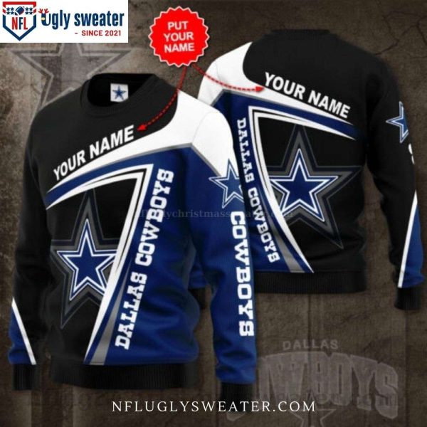 Black Blue White Curved – NFL Dallas Cowboys Custom Name Ugly Christmas Sweater