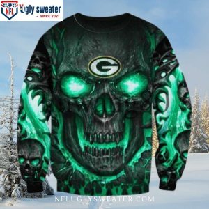 Bold Green Skull Graphic On Green Bay Packers Ugly Christmas Sweater