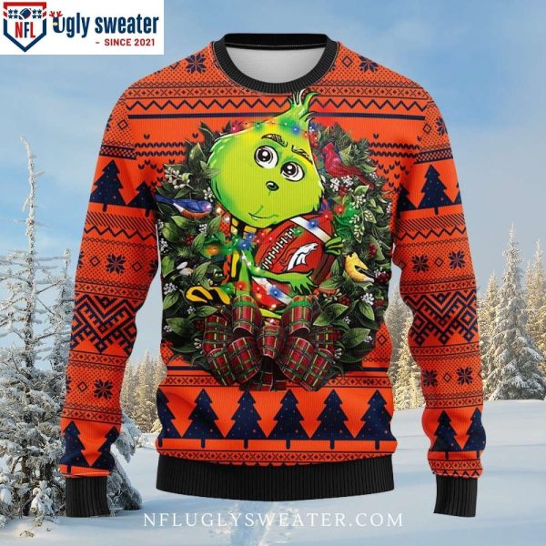 Broncos Logo Print Ugly Christmas Sweater – Grinch Hug Football Edition