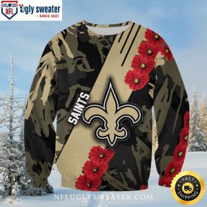 Camouflage With Red Flowers – New Orleans Saints Ugly Xmas Sweater