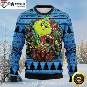 Carolina Panthers Christmas Sweater With Grinch Football Wreath Design