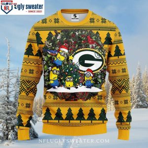 Cheerful Green Bay Packers Ugly Christmas Sweater With Cute Minion Print