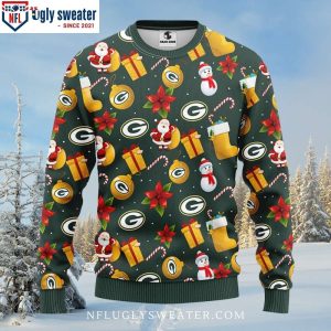 Cheerful Holiday Vibes Snowman Candy Canes Green Bay Packers Ugly Sweater 1