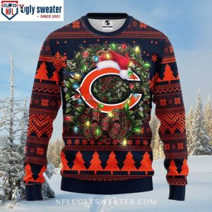 Chicago Bears Ugly Sweater Logo Print Laurel Wreath And Christmas Lights 1