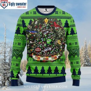 Christmas Tree Ball Graphic Seattle Seahawks Ugly Christmas Sweater 1 1