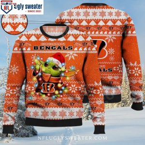 Cincinnati Bengals Logo Print Ugly Christmas Sweater With Baby Yoda And Christmas Lights