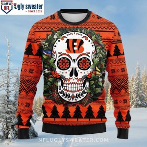 Cincinnati Bengals Ugly Christmas Sweater – Skull Flower And Laurel Wreath