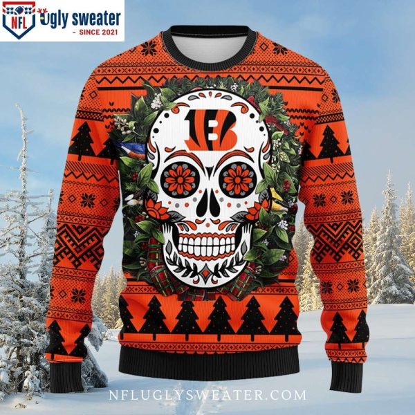 Cincinnati Bengals Ugly Christmas Sweater – Skull Flower And Laurel Wreath