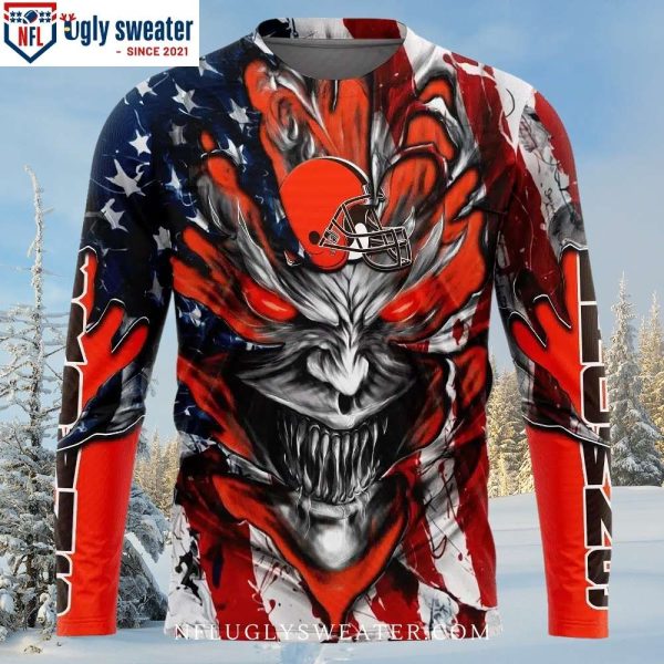 Cleveland Browns Ugly Sweater featuring Demon Face American Flag Graphic