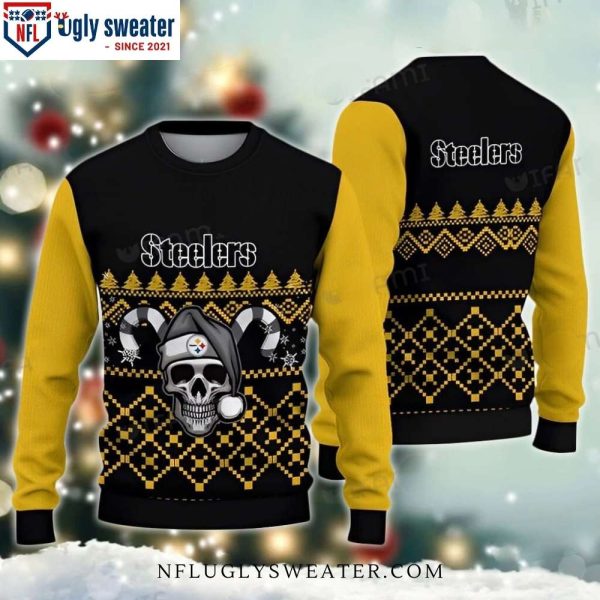 Cozy And Fun Santa Skull Candy Cane Pittsburgh Steelers Ugly Sweater