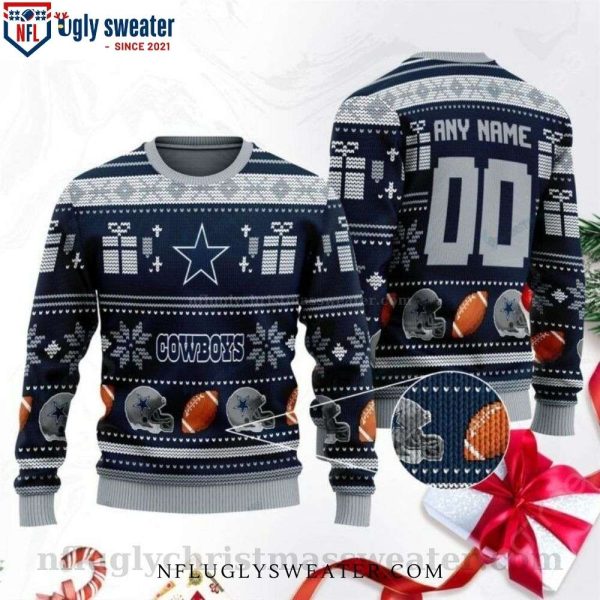 Custom Name And Number Dallas Cowboys Ugly Christmas Sweater – Snowflake Design And Gift Box