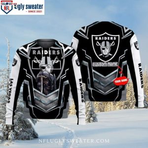 Custom Name NFL Raiders Ugly Christmas Sweater Logo Print & Sword Design