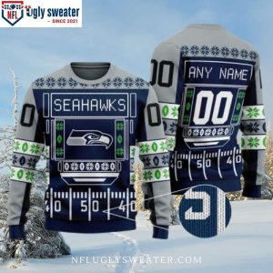 Custom Name Seahawks Ugly Sweater With Logo Print And Stadium Motifs