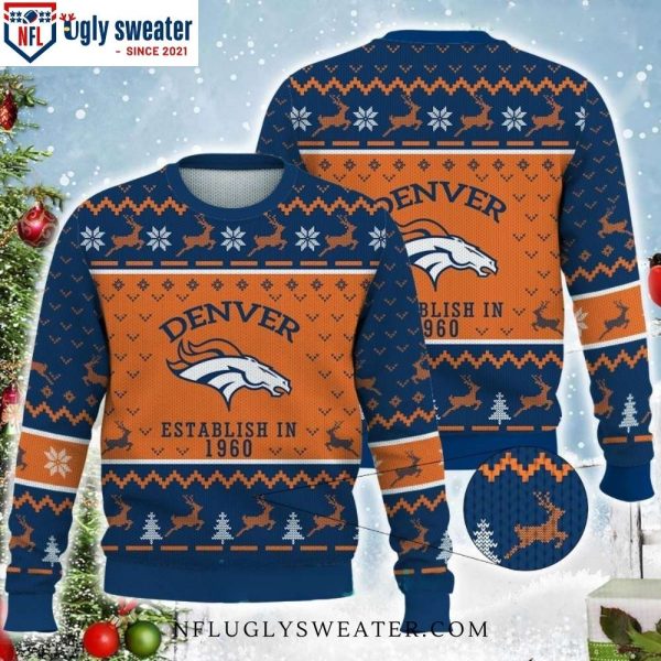 Denver Broncos Established In 1960 Ugly Sweater – Snowflake Reindeer Pattern