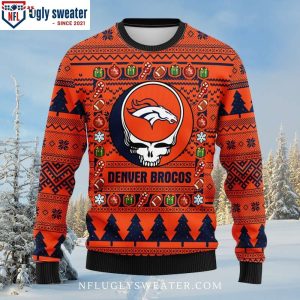 Denver Broncos Logo Print Ugly Sweater With Grateful Dead Graphics