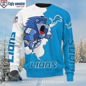 Detroit Lions Christmas Sweater – Blue White Logo And Mascot Design