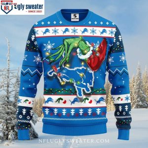 Detroit Lions Christmas Sweater – Grinch Graphic And Christmas Light