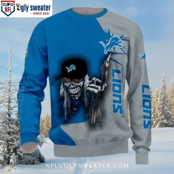 Detroit Lions Christmas Sweater – Halloween Iron Maiden Edition