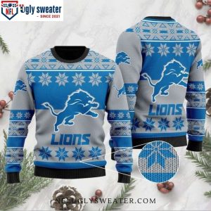 Detroit Lions Christmas Sweater – Logo Print And Snowflake Pattern