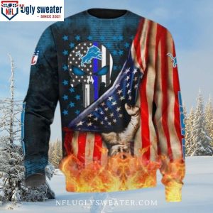 Detroit Lions Logo Print American Flag Skull Burning Ugly Christmas Sweater