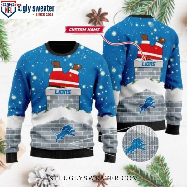 Detroit Lions Ugly Christmas Sweater – Funny Santa Enters Chimney Graphic