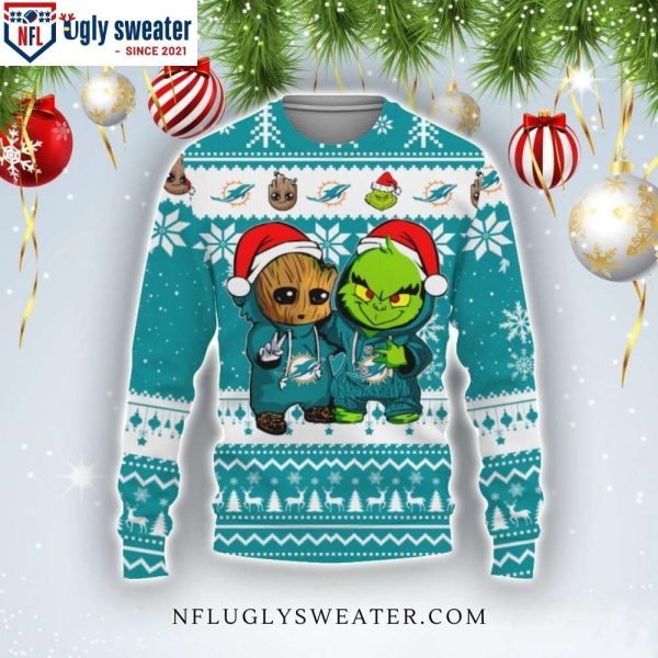 Dolphins Christmas Sweater Baby Groot and Grinch Best Friends Edition