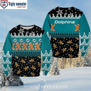 Dolphins Christmas Sweater With Gingerbread Man Graphic