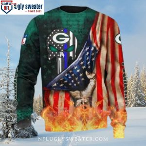 Edgy Skull Motifs American Flags On Green Bay Packers Ugly Christmas Sweater