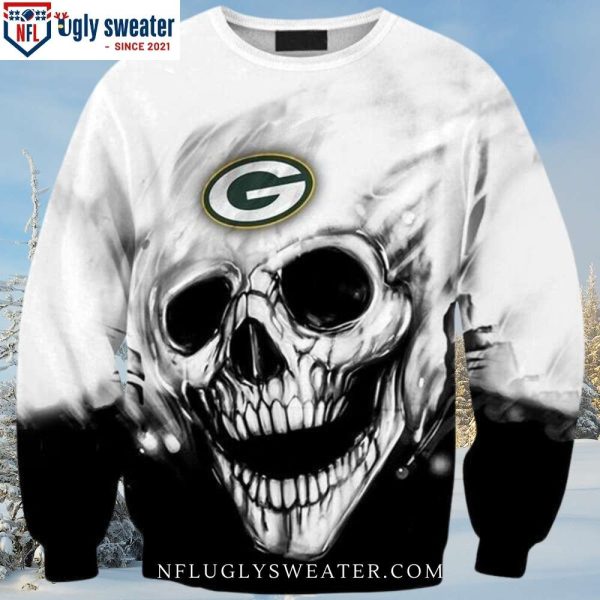 Elevate Your Fandom – White Skull Graphic On Packers Ugly Christmas Sweater