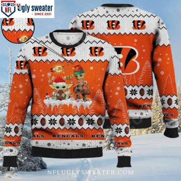 Festive Bengals Ugly Sweater Featuring Baby Yoda And Baby Groot