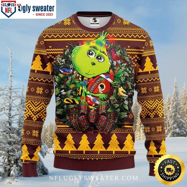 Festive Grinch And Wreath Washington Commanders Ugly Xmas Sweater