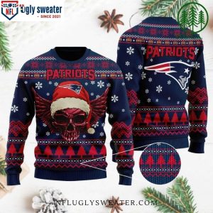 Festive New England Patriots Christmas Sweater With Golden Skull Print