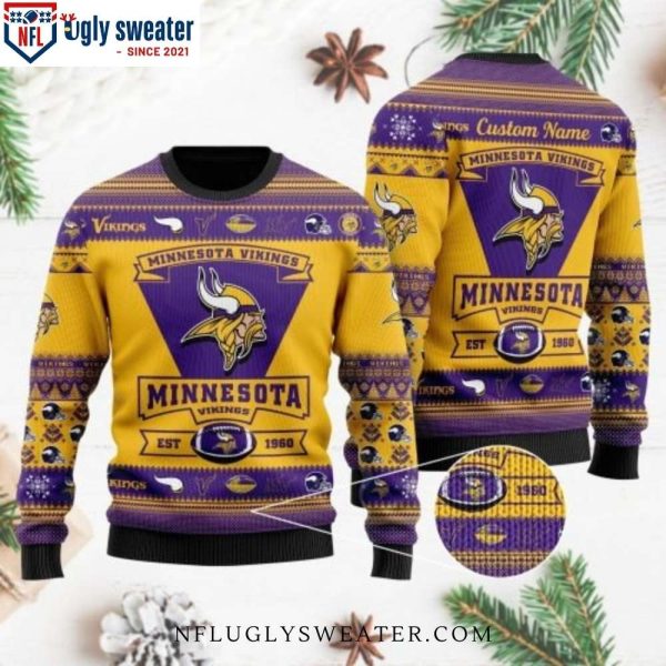 Football Team Logo Minnesota Vikings Est 1960 – Custom Name Ugly Sweater