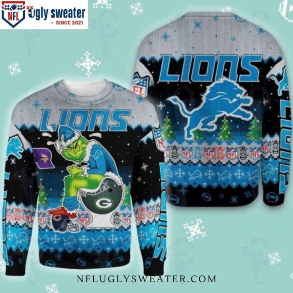 Funny Detroit Lions Grinch Sits On Lions Toilet Helmet Ugly Sweater