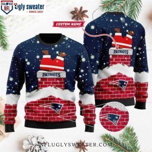 Funny Santa Entering The Chimney – Patriots Logo Print Ugly Sweater