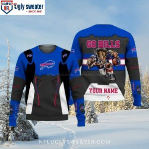 Go Bills Embrace The Mascot Rush – Personalized Buffalo Bills Ugly Christmas Sweater