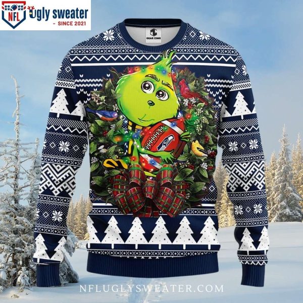 Graphic Grinch Hug Football Seattle Seahawks Ugly Christmas Sweater