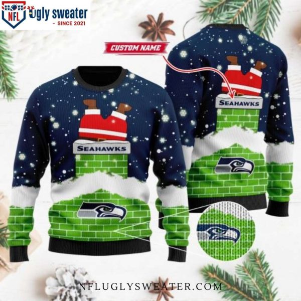 Graphic Of Santa Claus Entering The Chimney Seahawks Ugly Sweater