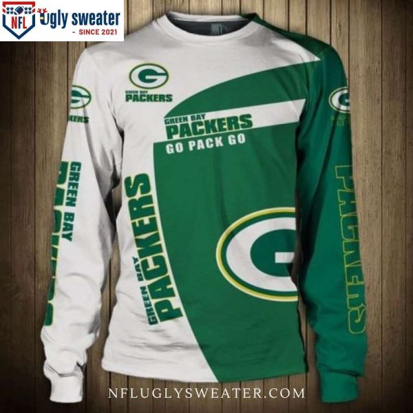 Green Bay Packers Go Pack Go Simple White Green Ugly Christmas Sweater