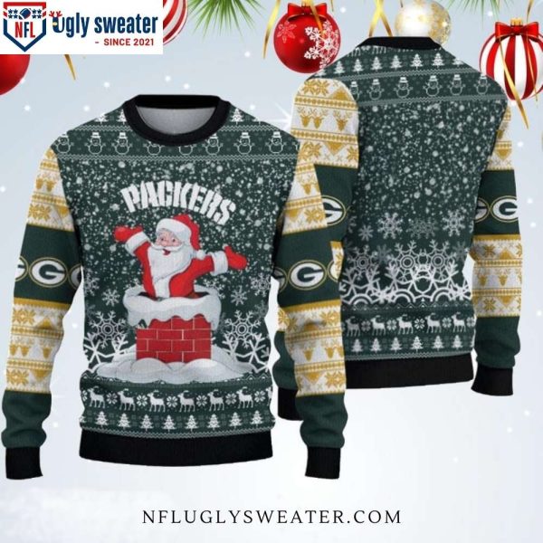 Green Bay Packers Ugly Christmas Sweater With Playful Santa Claus Chimney Graphic