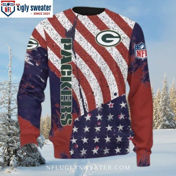 Green Bay Packers Ugly Christmas Sweater With Striking American Flag Motifs