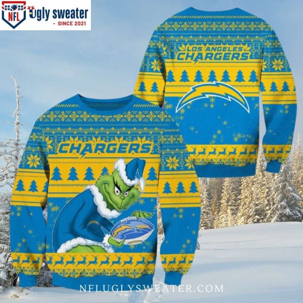 Grinch Holding Football Los Angeles Chargers Ugly Xmas Sweater