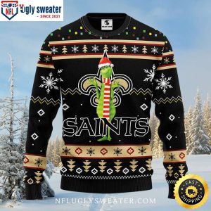 Grinch In Santa Hat – New Orleans Saints Christmas Sweater With Snowflakes