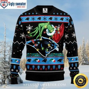 Grinch-Themed Carolina Panthers Ugly Christmas Sweater With Xmas Lights